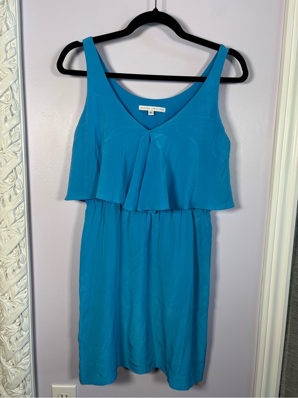 Amanda Uprichard Silk Turquoise Sleeveless V-Neck Mini Flowy Top Dress P